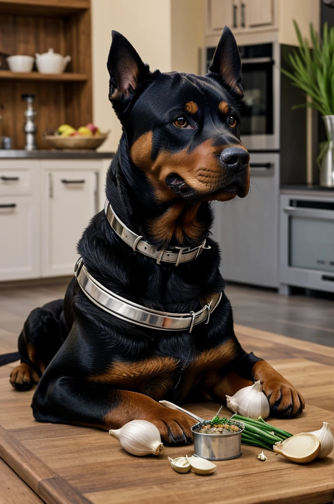 Create a tin of dogfood with a Rottweiler and a title"Habibi Hallal with a taste ofgarlic"