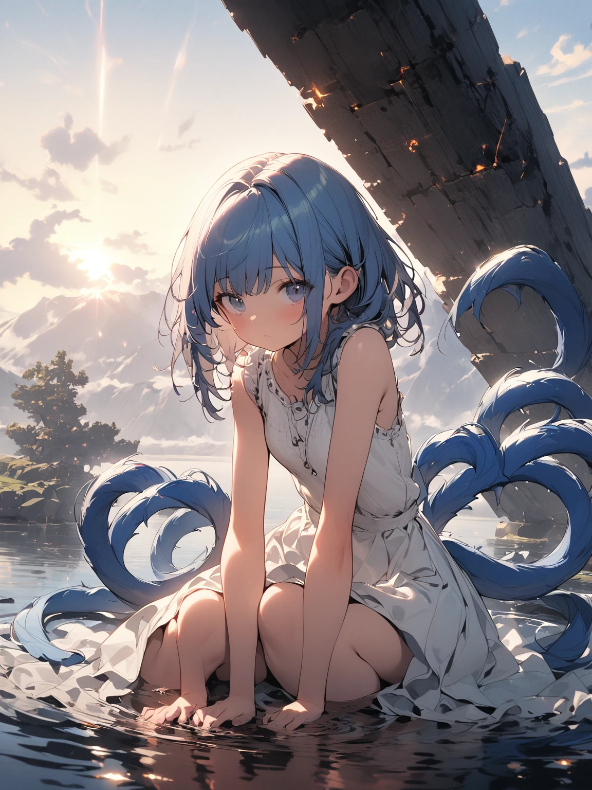 A girl,Blue Hair,Double tail,Sitting,Very energetic,Complete mission structure,Delicate face,(absurdres:1.1),full_shot,(posing:1.1),Sitting on the lake,Reflection