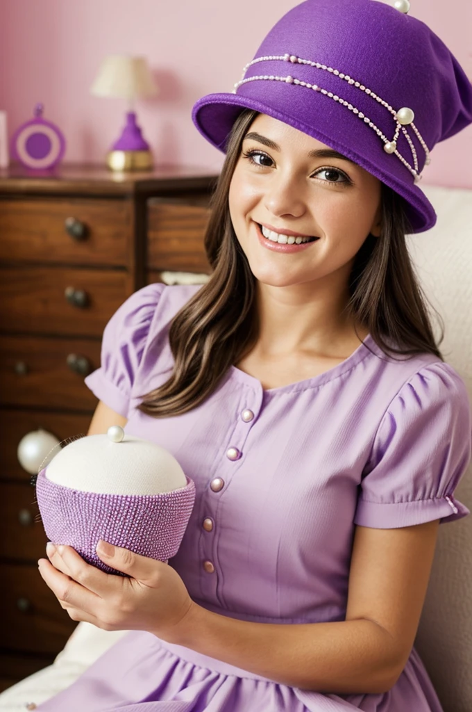 Create a cover for a storytelly where you can see a purple hat-shaped pincushion with pink ribbon and pearls that simulate your hands, this pincushion is floating with magic dust and a girl looking at it smiling, make it realistic person version, let the girl hold the magic pincushion 