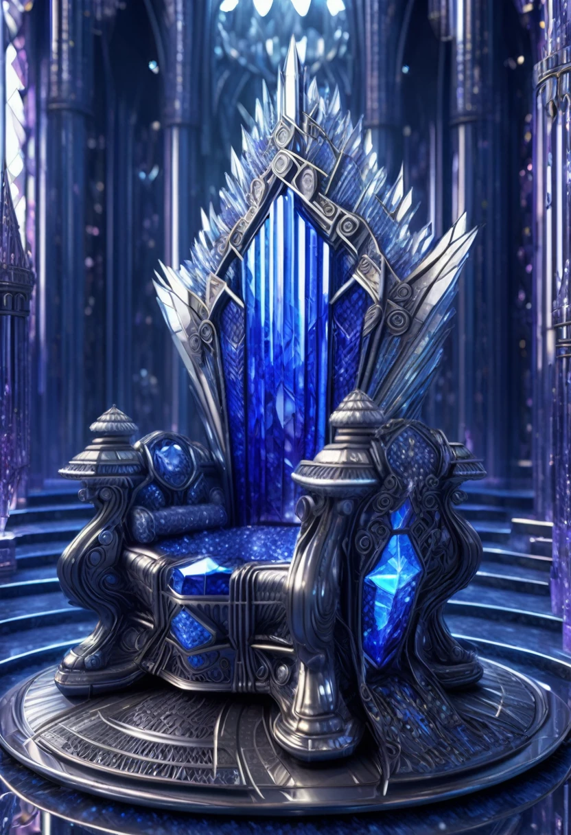 The crystal castle in the future city is a fantasy shining luxury building. There is a towering majestic sapphire crystal right throne. Wide angle. Perfect beyond imagination. Luxurious throne. Complex and detailed. Great art masterpiece. Fantastic fantasy world. Optical realistic style. Ultra-detailed digital art. Realistic. masterpiece (best quality)