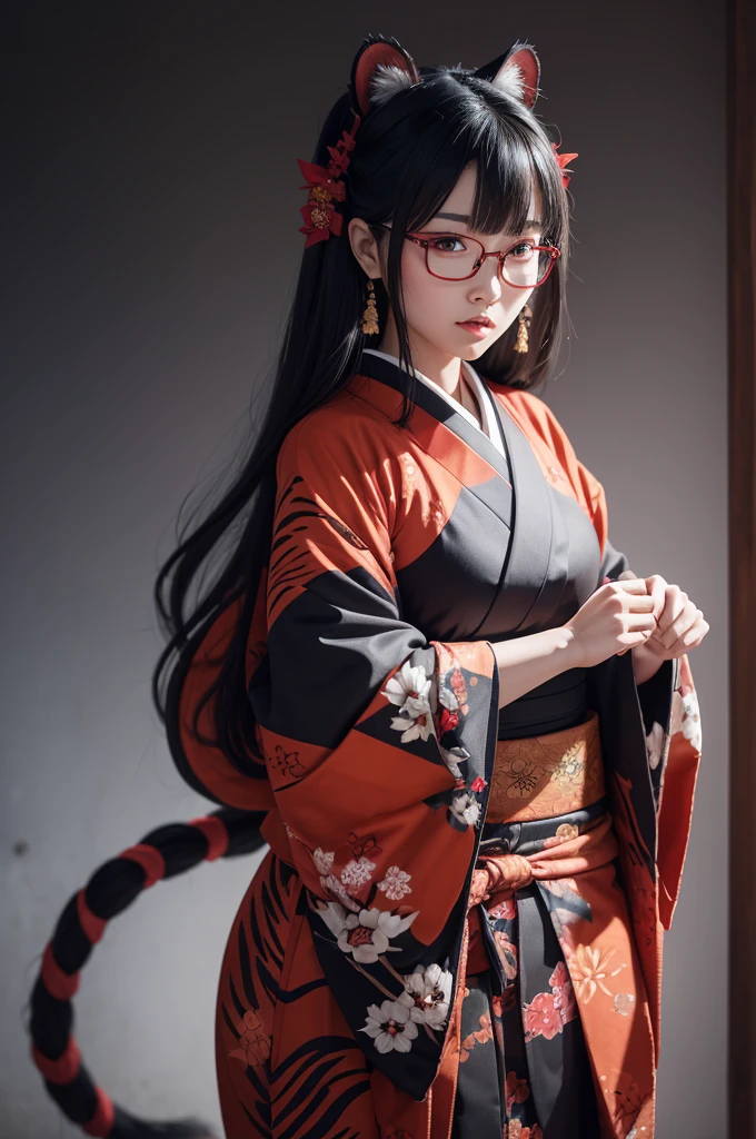 A four-eyed tiger oni and she killed all the demon hunters that tried to kill her and she keeps their bones and she has a traditional Japanese outfit like the kimono