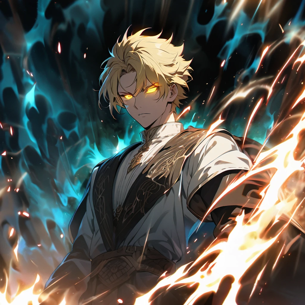 male, solo, handsome, blond hair, god, god eyes, glowing eyes, light, aura, holo