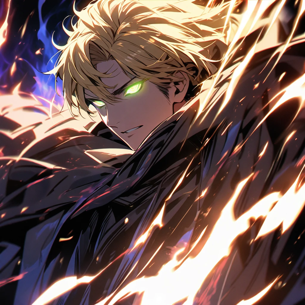 male, solo, handsome, blond hair, god, god eyes, glowing eyes, light, aura, holo