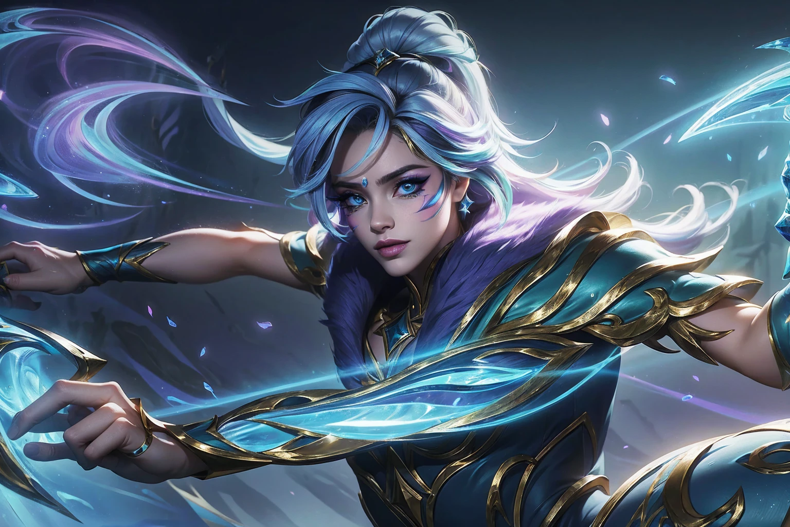 ezreal,elegant dancer in space groove outfit,vaporwave,futuristic,jetsons-esque,detailed portrait,beautiful detailed eyes,beautiful detailed lips,extremely detailed face,longeyelashes,intricate costume design,dynamic pose,cinematic lighting,neon color palette,glowing effects,award-winning digital art,4k,8k,highres,masterpiece,ultra-detailed,photorealistic