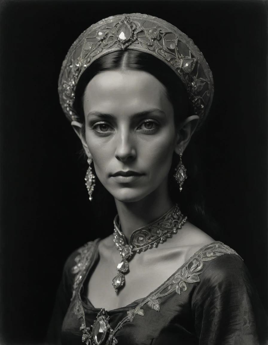 by Moebius Jean Giraud, by Théodore Géricault, ((((Rough monochrome, daguerreotype)))), a powerful (((high elf noblewoman, small ears))), bronze skin, tanned, dignified, sensual, facing viewer. She is wearing a black Byzantine caftan with Slavic elements, embroidered diamond shape symbology, moth symbology, sashes, diamond shape pendant.