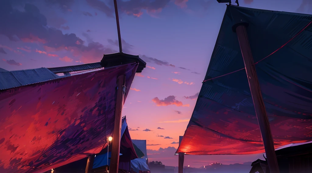 (under tarp canopy, wooden pole, under the market tents, under the canopies), wire, buildings roofs farr away, low angle, dawn time, daybreak sky, daybreak,