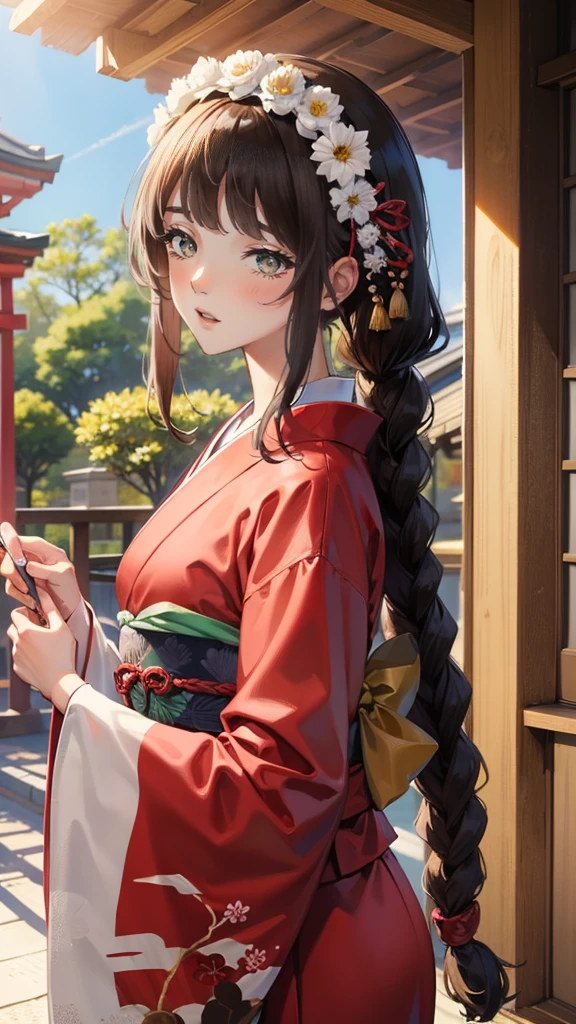 1girl, blunt bangs, braid, wide sleeves, hair decoration, japanese clothes, Obi's Red, (purple hair:1.2), very long hair, Straight Hair, looking at the scenes, extremely detailed background, (realistic photo:1.2), detailled eyes, red eyeshadow, Depth-of-field,thigh, (ulzzang-6500:0.7), Upper body, (solo:1.2), (cyberpunk city:1.1), cleavage, (Finger on lips:1.1),Lustrous Skin