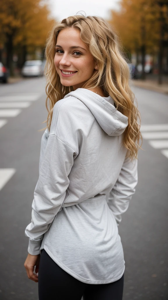 photo of a  36 woman with blonde wavy hair, wearing casual shirt with a hoodie and leggings, city street, messy medium hair, slim body, view from back, medium upper body shot, looking at the camera, cute smile, shallow depth of field, 8k uhd, dslr, soft lighting, high quality, photorealistic, realism, hyperrealism, art photography