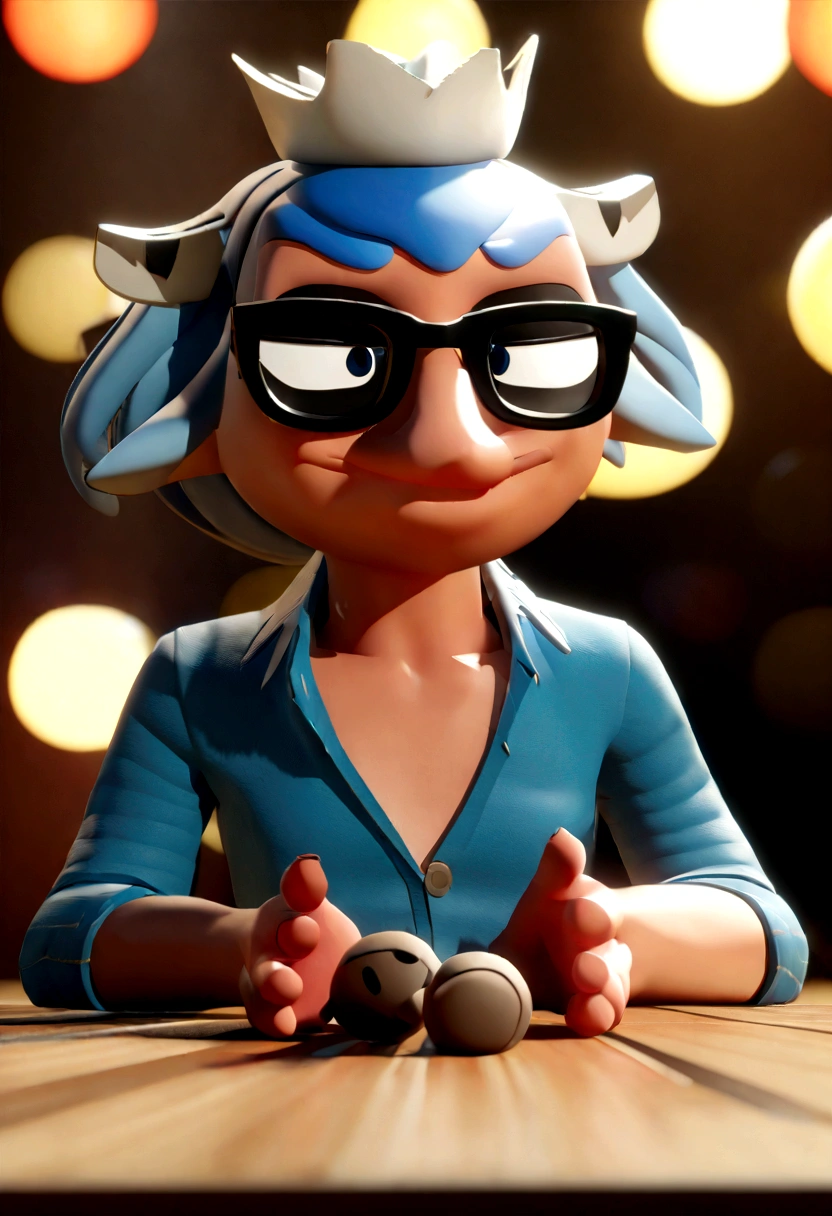 Cartoon character of a man in black glasses and blue shirt, an animated character, stylized character, animation style rendering, 3d stylized, Arnold Maya rendering, Stylized 3D rendering, toon render screenshot, 3d character, 3d character, Stylized 3D rendering, 3D character rendering, cartoon character, Personagem de close up, character posing, (Pixar-style) (master part:1.2) (bokeh) (best qualityer) (skin detailed) (detailed texture) (8K) (Argilla) (cinematic lighting) (sharp focus，Sit down and lift your upper body