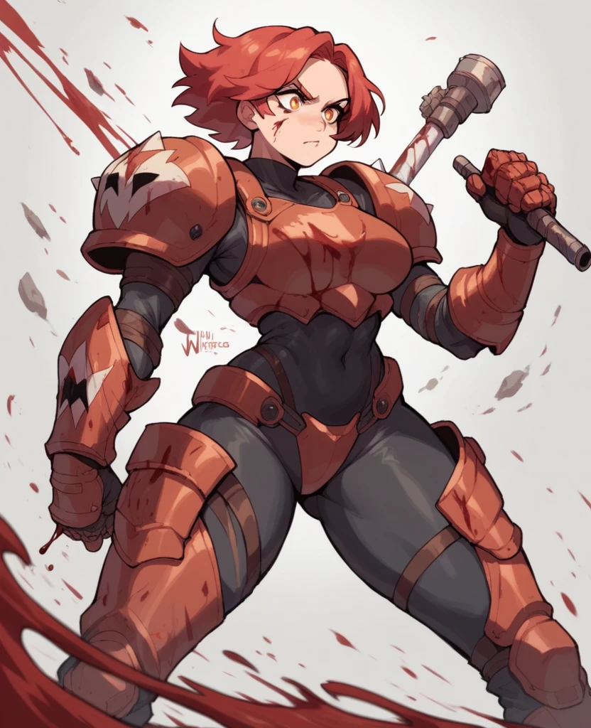 Female,curvy,red hair,orange eye,battle armour,whips,covered in blood,battle field