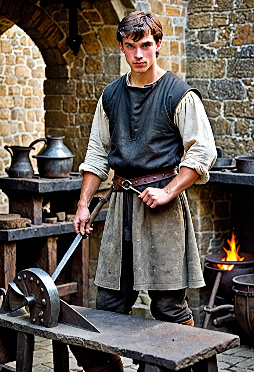 A young man, dressed in medieval court blacksmith clothing. He has very short brown hair. His body looks muscular. It is in a forge built in stone.