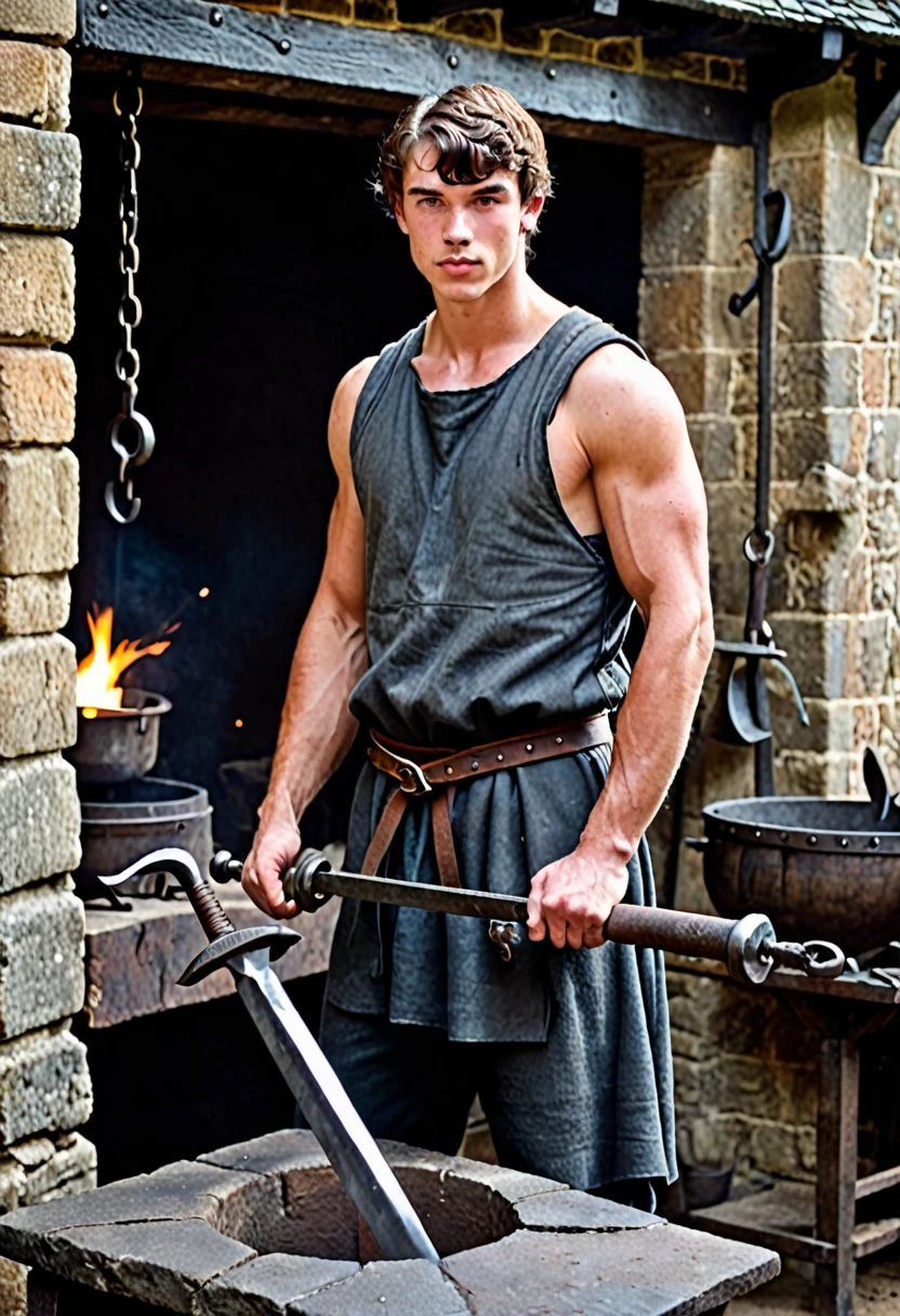 A young man, dressed in medieval court blacksmith clothing. He has very short brown hair. His body looks muscular. It is in a forge built in stone. 