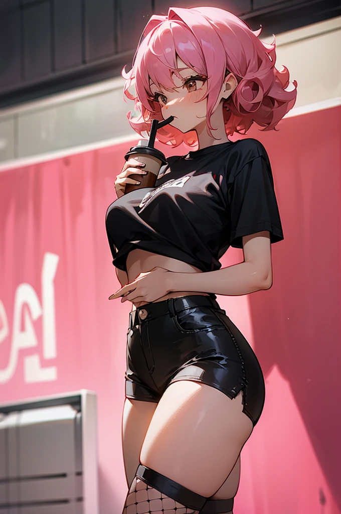 cute girl, pink hair, curly hair, brown eyes, wide hips, medium chest, black t-shirt, black shorts, black fishnets, standing, drinking coffee