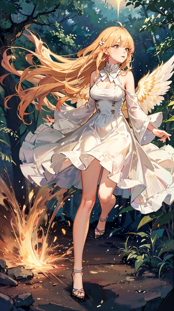 Showing the whole body, cute, , big breasts, flying in the sky, in the forest, simple white dress, long hair, alone, short, fairy wings, honey blonde hair, orange eyes, flying