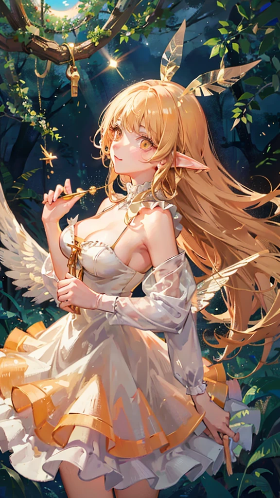 Showing the whole body, cute, baby face, big breasts, flying in the sky, in the forest, simple white dress, long hair, alone, short, fairy wings, honey blonde hair, orange eyes, flying