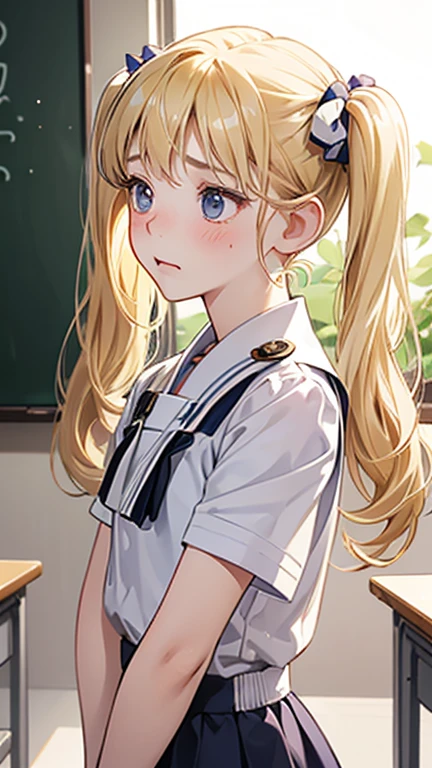 18-year-old、Blonde 、(((Twin tails)))、Small head、White Uniform、Short sleeve、cute、Model Body Type、Mature、High body、Short skirt、Side view、Surprised face、classroom、blush、Upper body portrait、Prayer Pose、Embarrassed and depressed