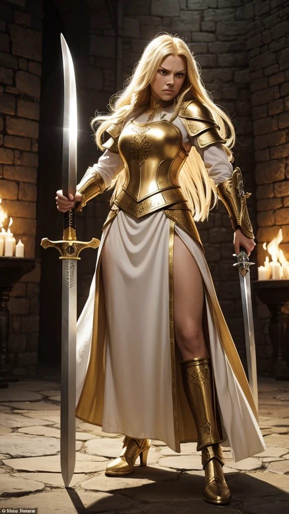 Full body angry woman warrior long blonde hair and white and golden medieval clothing with sword in hand