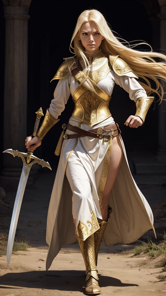 Full body angry woman warrior long blonde hair and white and golden medieval clothing with sword in hand