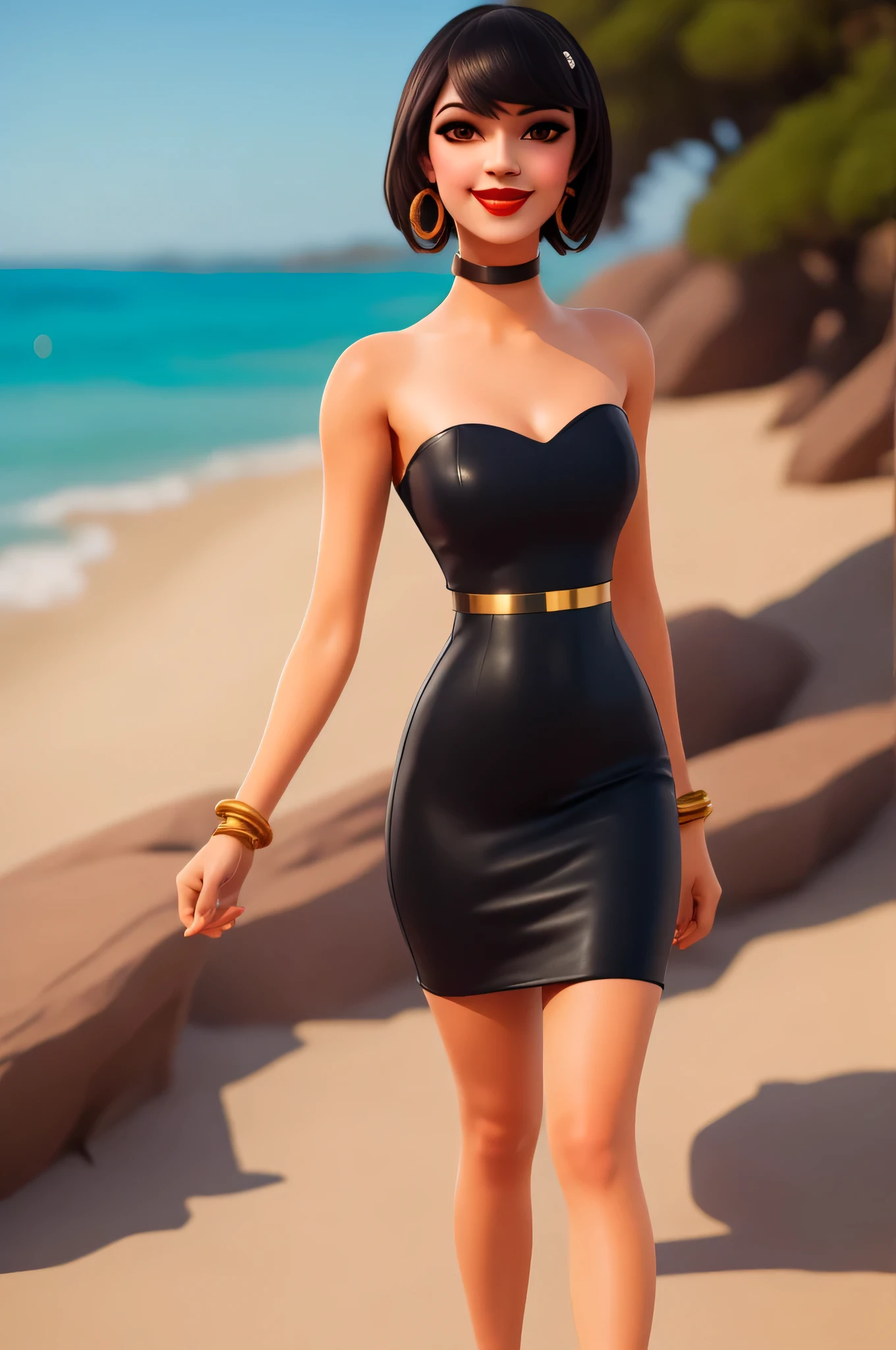 xyzevie, 1 girl, solo, breasts, looking at viewer, smile, short hair, black hair, brown eyes, jewelry, medium breasts, gold bracelet, red lips, strapless black tube dress, makeup, black choker, beach background, gold hoop earrings, bangle, ocean, blue skies 
