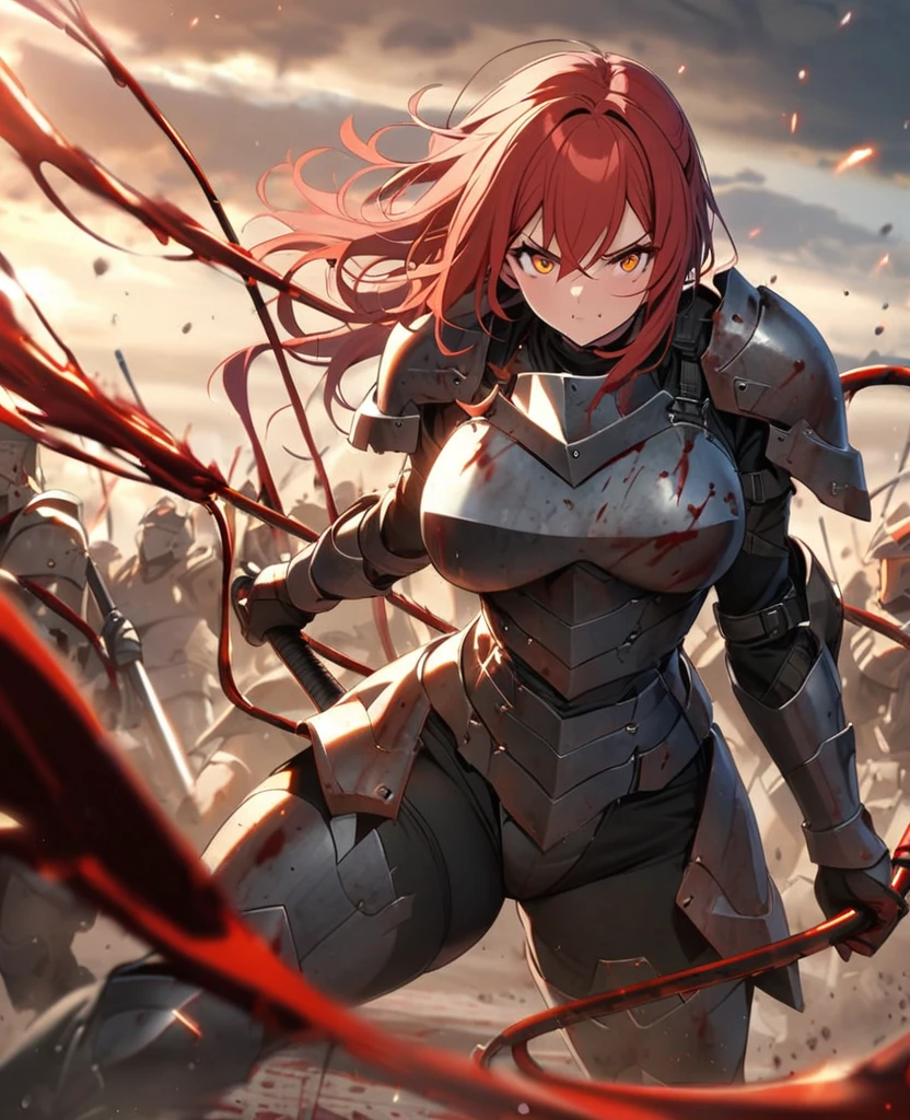 Female,curvy,red hair,orange eye,battle armour,whips,covered in blood,battle field
