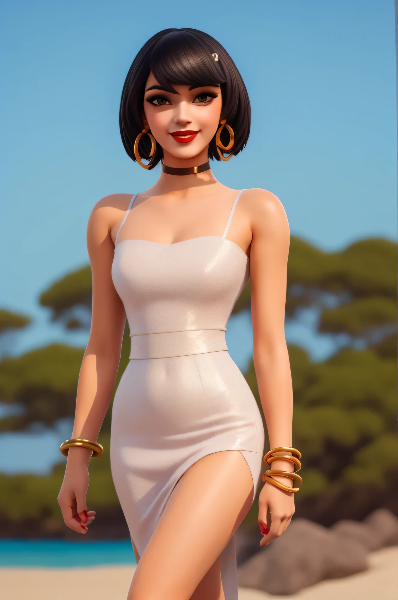 xyzevie, 1 girl, solo, breasts, looking at viewer, smile, short hair, black hair, brown eyes, jewelry, medium breasts, gold bracelet, red lips, strapless black tube dress, makeup, black choker, beach background, gold hoop earrings, bangle, ocean, blue skies 
