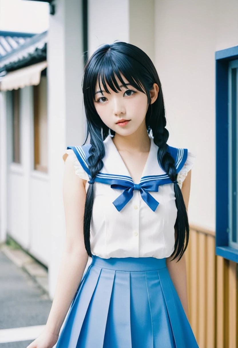 instax, snapshot, Realistic, Photography, jpop girl group's girl, Japanese-idol-face girl, A girl with a face like a beautiful anime cosplayer, 17-years-old, kawaii, Japanese sailor , black hair, straight hair, Lomography, blue and white, cinematic shot, dynamic pose, dynamic angle, in the style of y2k aesthetic