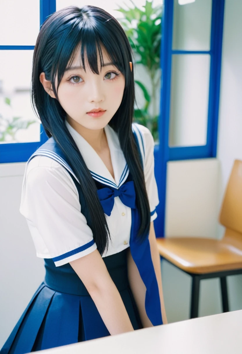 instax, snapshot, Realistic, Photography, jpop girl group's girl, Japanese-idol-face girl, A girl with a face like a beautiful anime cosplayer, 17-years-old, kawaii, Japanese sailor , black hair, straight hair, Lomography, blue and white, cinematic shot, dynamic pose, dynamic angle, in the style of y2k aesthetic