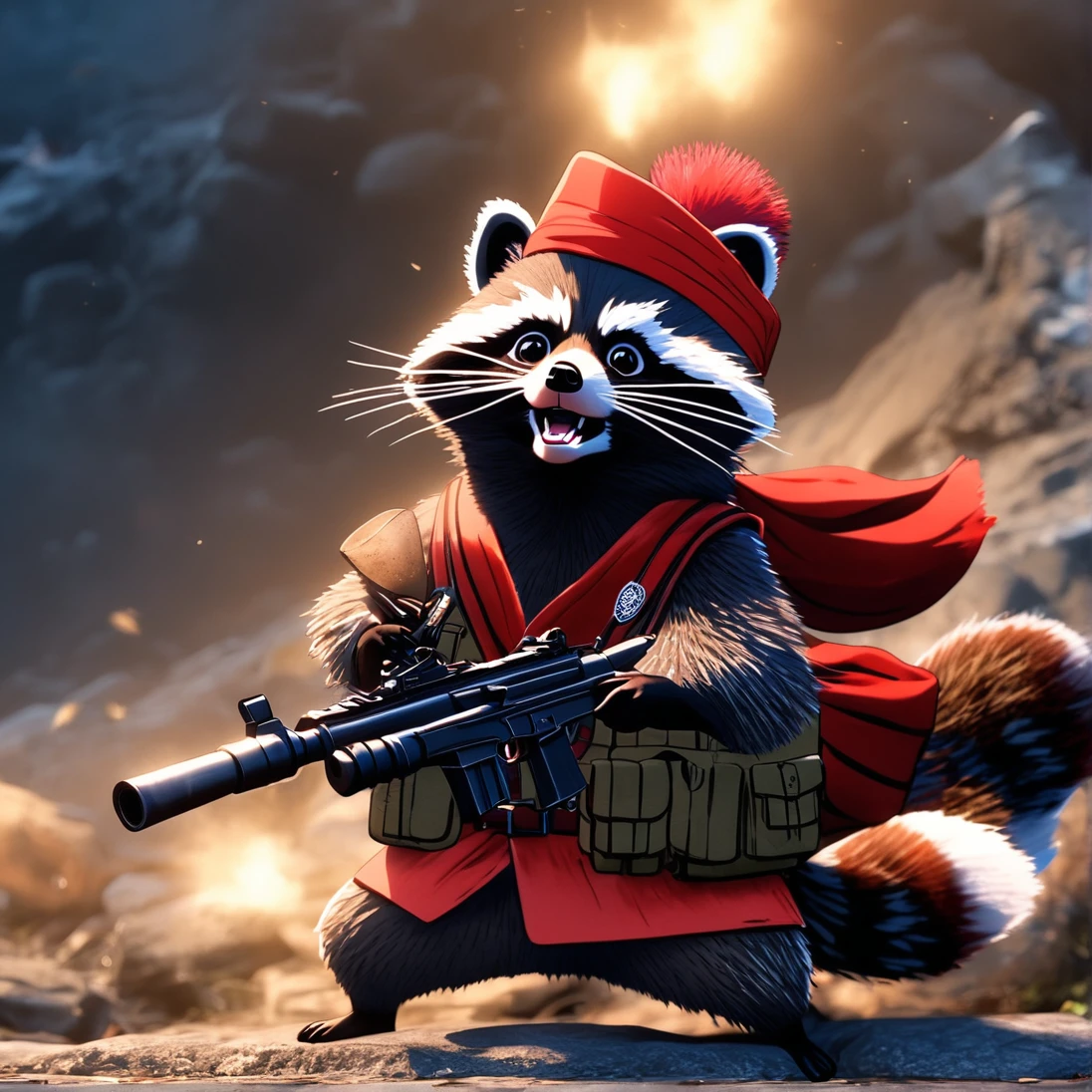 black tanuki raccoon seal, red turban hat, red general uniform, holding uzi gun, angry and rage, multimedia illuminate, (best quality,4k,8k,highres,masterpiece:1.2),ultra-detailed, cinematic lighting, dramatic atmosphere, dynamic pose, military style, vibrant colors