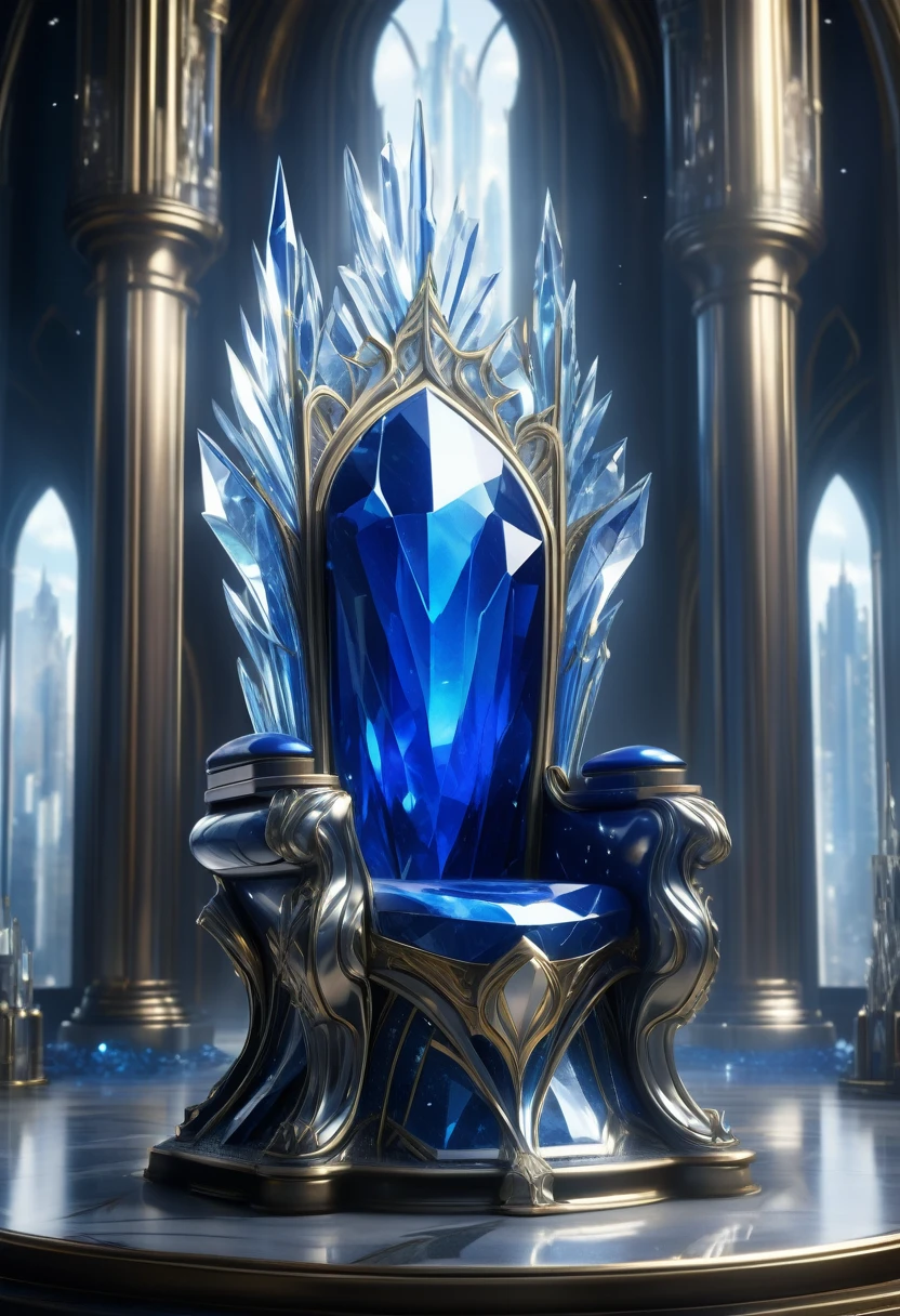 The crystal castle in the future city is a fantasy shining luxury building. There is a towering majestic sapphire crystal right throne. Wide angle. Perfect beyond imagination. Luxurious throne. Complex and detailed. Great art masterpiece. Fantastic fantasy world. Optical realistic style. Ultra-detailed digital art. Realistic. masterpiece (best quality)