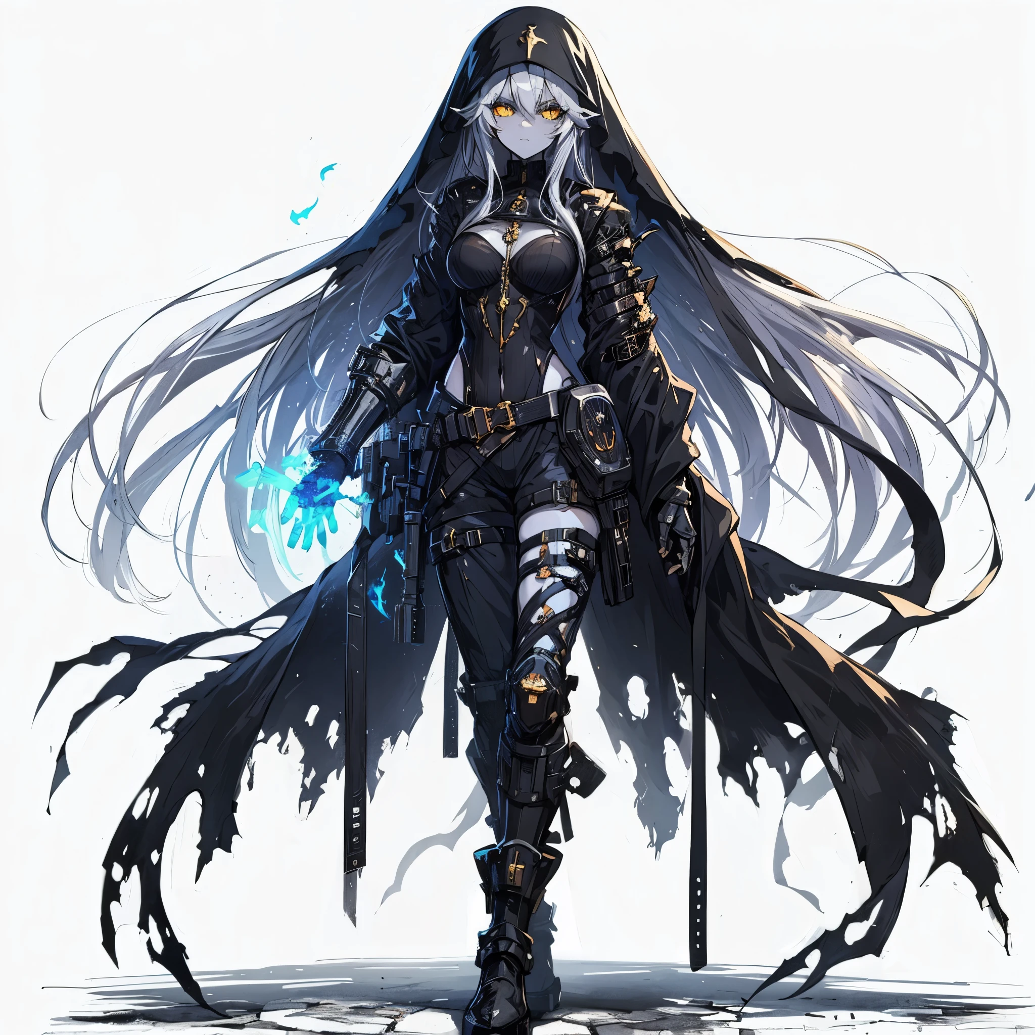 (Masterpiece, best quality), (detailed hair), ultra-detailed, anime style, solo, full body, Cyberpunk dark elf nun, long ash hair, gold eyes, black skin, wearing ragged nun outfit, long boots, bulky gauntlet, blue flame aura, ultra-massive, tall stylish, Muscular body shape, White background, standing full length, whole body, standing on wasted earth,