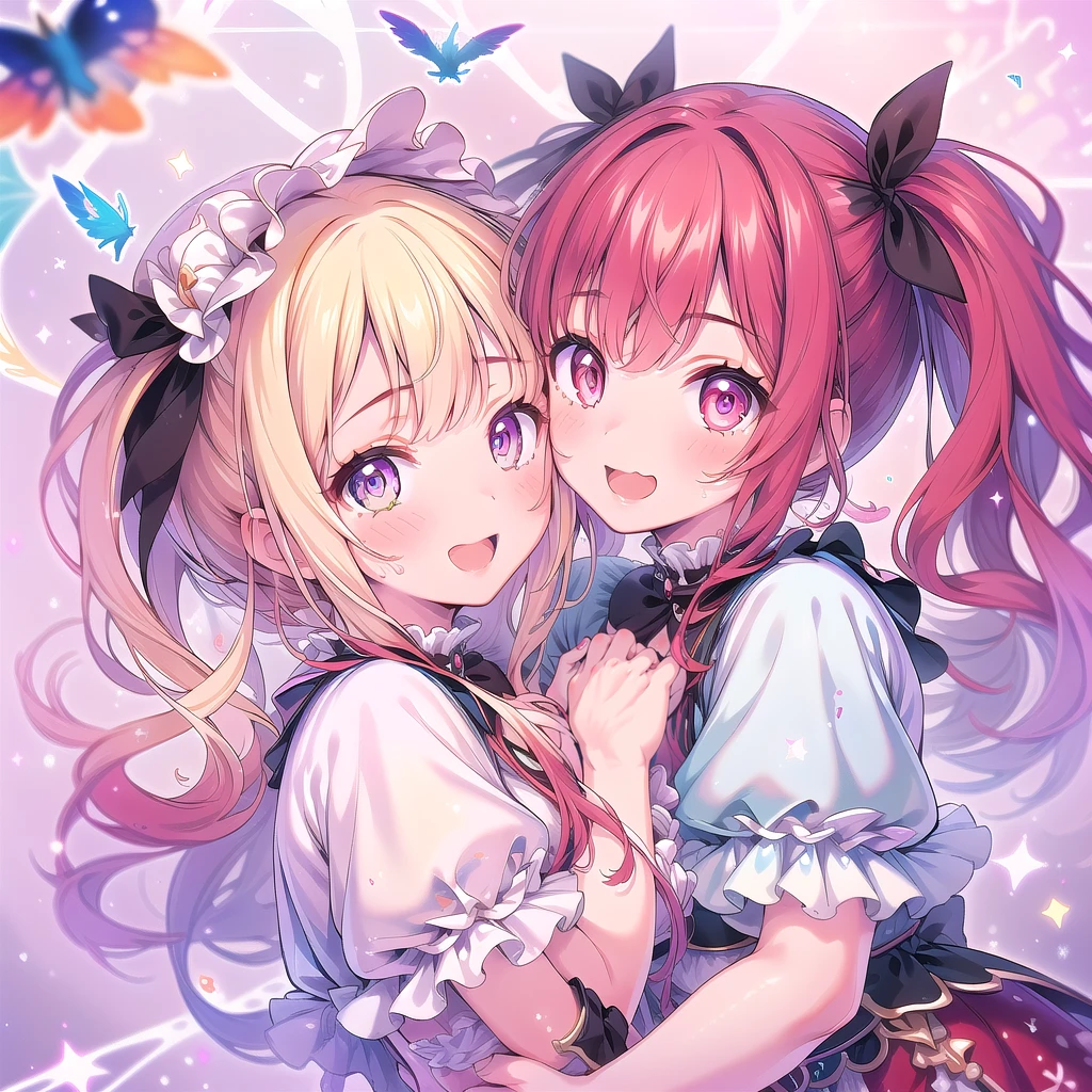 (masterpiece:1.2), best quality, high resolution, extremely detailed CG, absurdres, highres, 2girls, two girls hugs together , frills, kawaii, happy, dreamland, details background,good hands, best hands