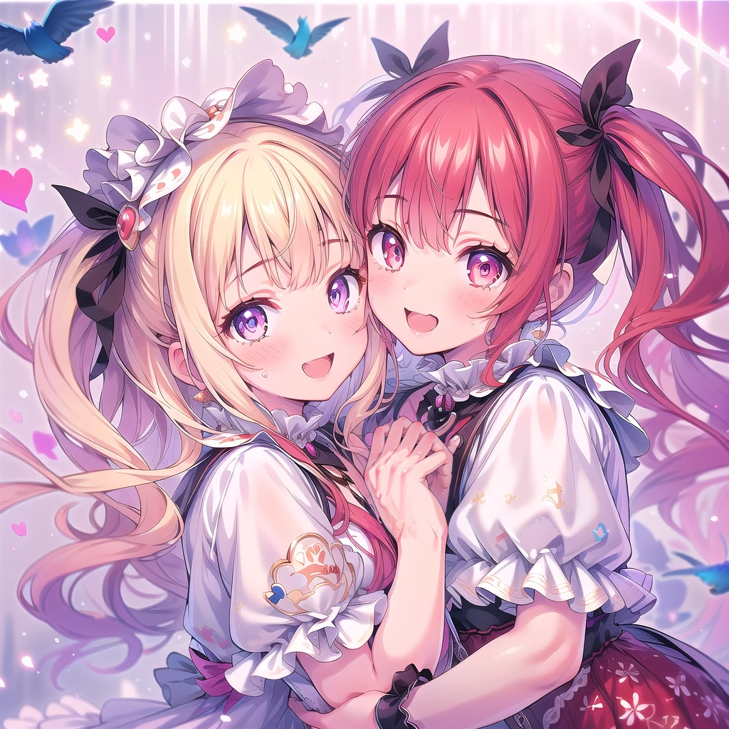 (masterpiece:1.2), best quality, high resolution, extremely detailed CG, absurdres, highres, 2girls, two girls hugs together , frills, kawaii, happy, dreamland, details background