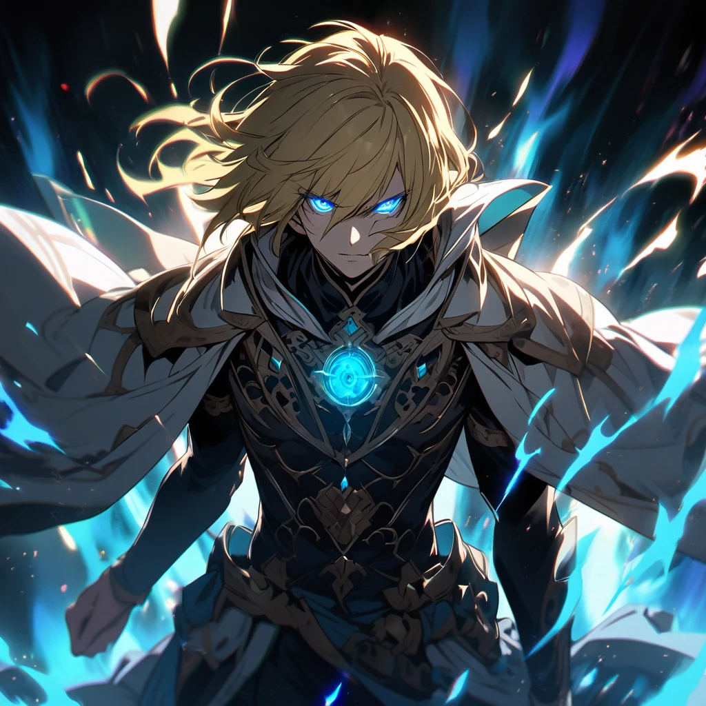 male, solo, handsome, blond hair, god, god eyes, glowing eyes, light, aura, holo