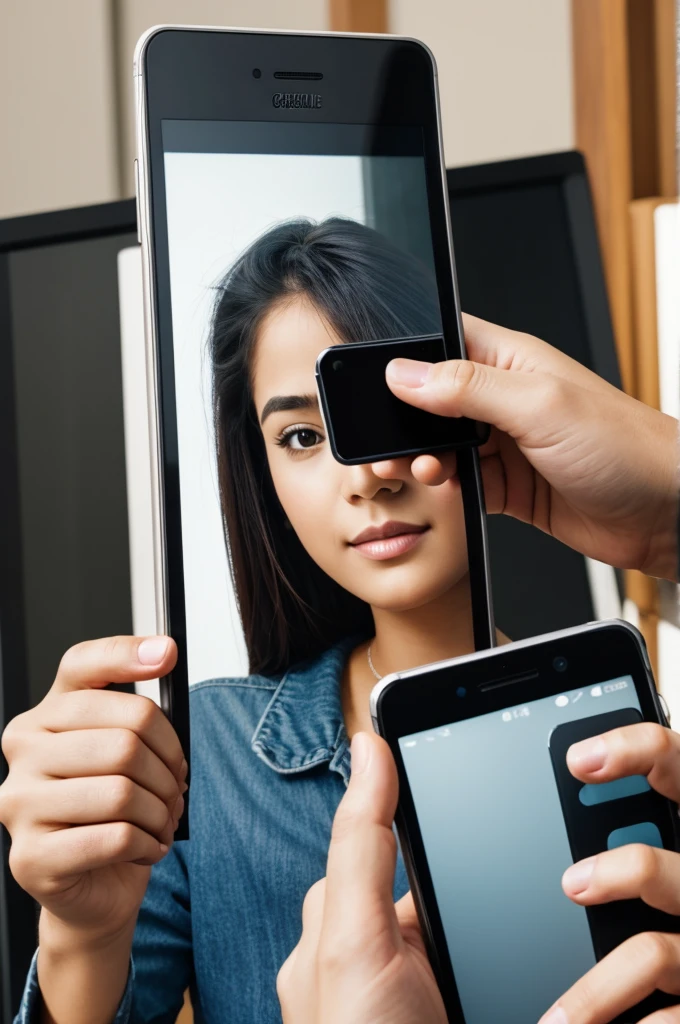 Create me a person, holding a cell phone, we are in the person's view, that means we see, what happens on the phone