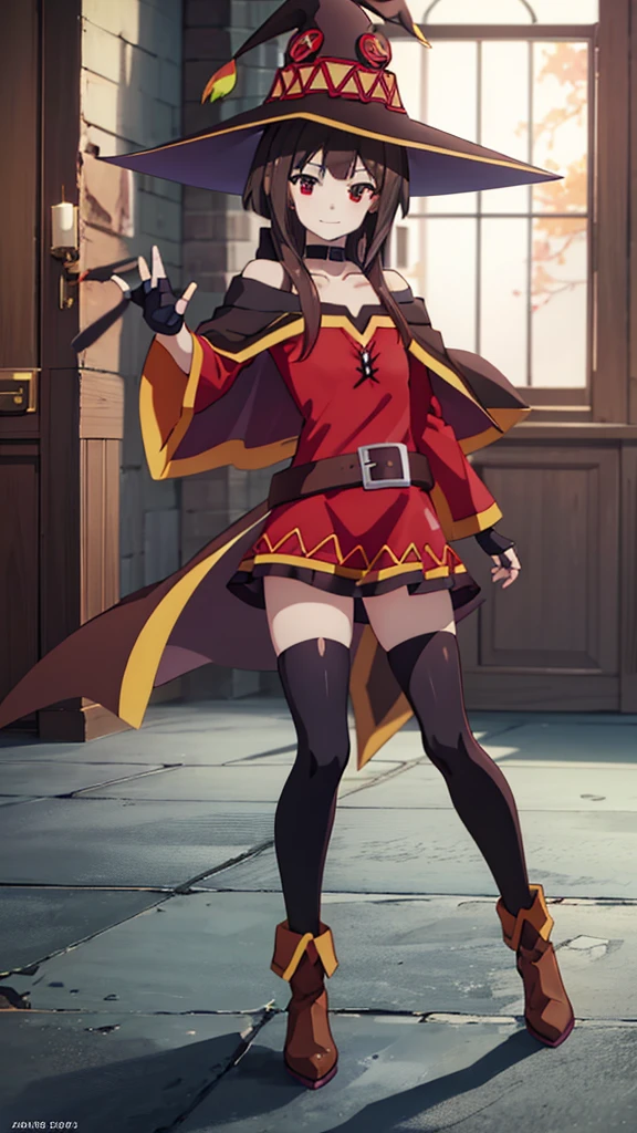 masterpiece, best quality, high resolution, best illustration, super fine illustration, (official art:0.7), (anime screencap:0.8), detailed beautiful face and eyes, anime keyvisual, (perfect anatomy:1.1), 8k portrait, (detail focus fingers:1.2), 
1girl,
Megumin, 
Megumin \(konosuba\),
short hair with long locks,
brown hair, 
(red eyes:1.2), (beatiful detailed eyes:1.2), 
witch hat, black choker, black gloves, fingerless gloves,  
small breasts, 
off-shoulder dress, red dress, brown cape, long sleeves, single thighhigh, asymmetrical legwear, bandaged leg, 
smile, 
looking at viewer, 
cowboy shot, 
dynamic pose, 
natural light, background of indoor, 