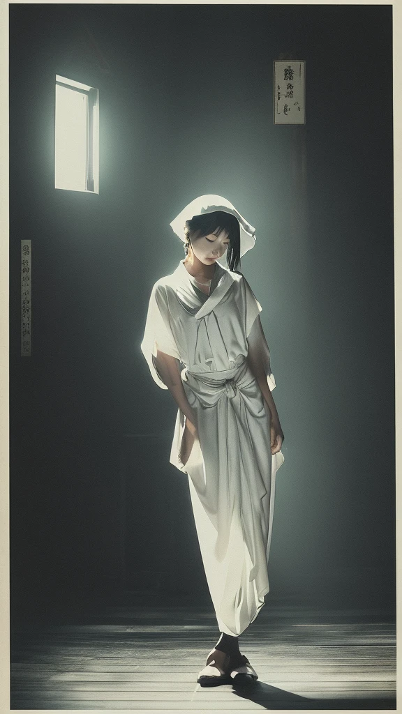 It was a ghost of the woman without a lower part of the body that appeared from darkness. 
へは