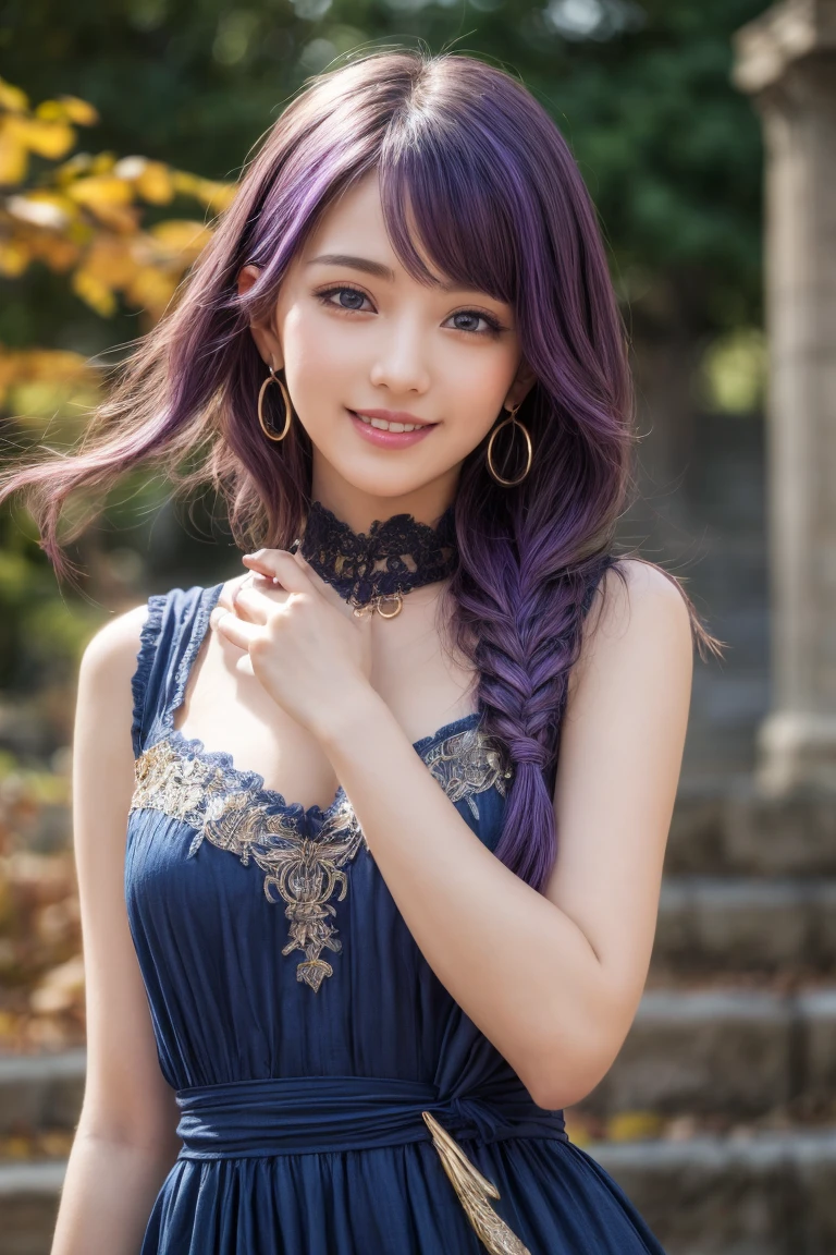 a pretty girl, 1 girl, solo, Japanese, ((masterpiece)), ((best quality)), (ultra-detailed), ((kawaii)), cute, ((lovely)), ((extremely detailed)), (detailed face), (depth of fields), (detailed eye), (detailed facial features), (detailed clothes features), 4K, (8K), best quality, dynamic angle, (body shot), (mystical ancient ruins, greek architecture, autumn), (beautiful navy blue dress:1.3), she wears a skimpy wizard dress, (beautiful purple hair:1.3), holding a wizard's wand, fishtail braid, beautiful blue eyes, ((beautiful eyes)), white teeth, earrings, bib necklace, smile, lens flare, shiny,