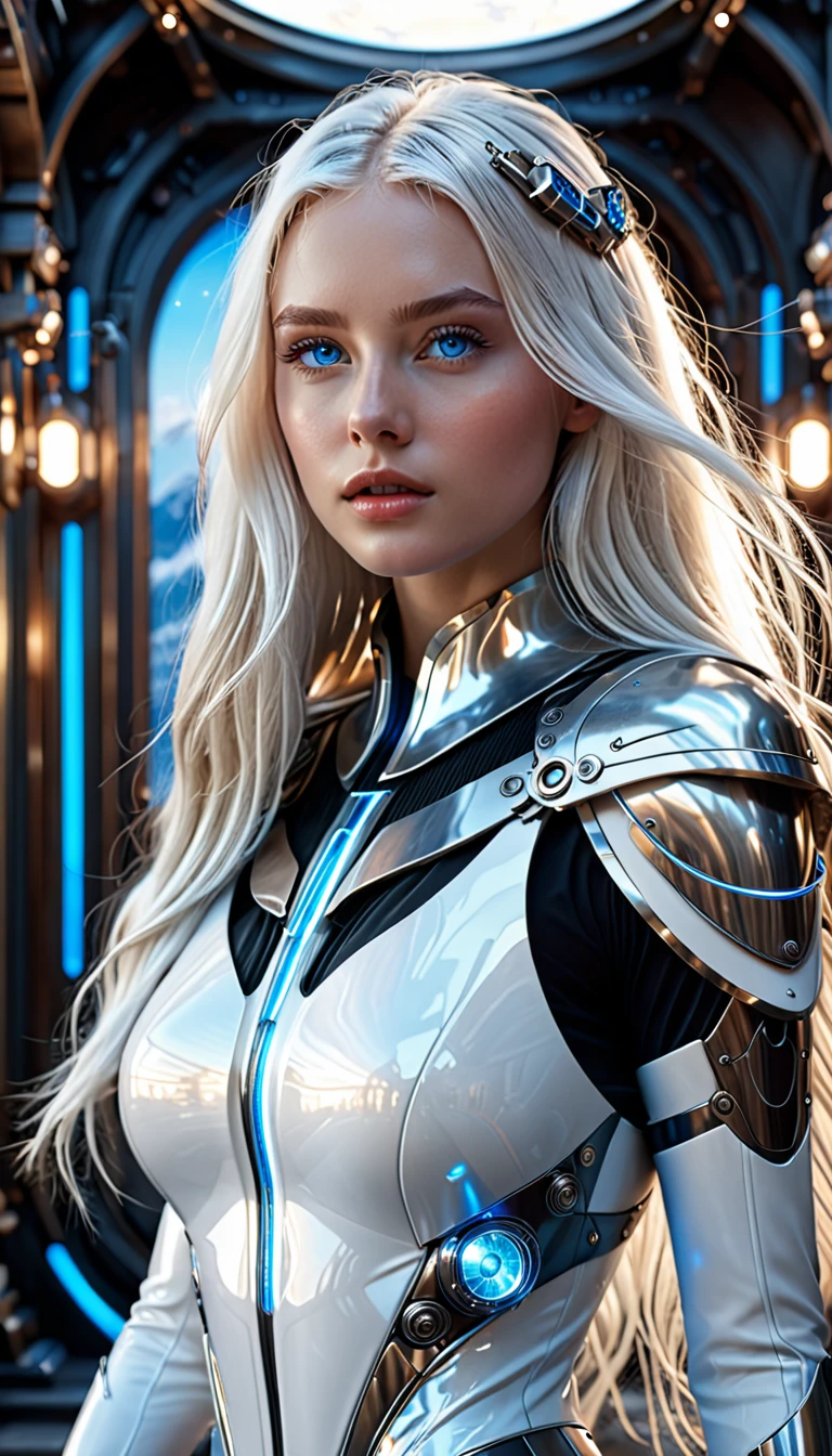 Surrealism, mysterious, bizarre, fantastic, fantasy, science fiction, the time machine that devours darkness, the macrocosm of the celestial world and the microcosm of the terrestrial world correspond, a memo on fantastic style architecture, beautiful young Nordic girl, Blue eyes, Huge chest, long Platinum hair,white minisuit, perfect bulky body, detailed masterpiece Cinematic lighting with sharp focus and hyper-realistic