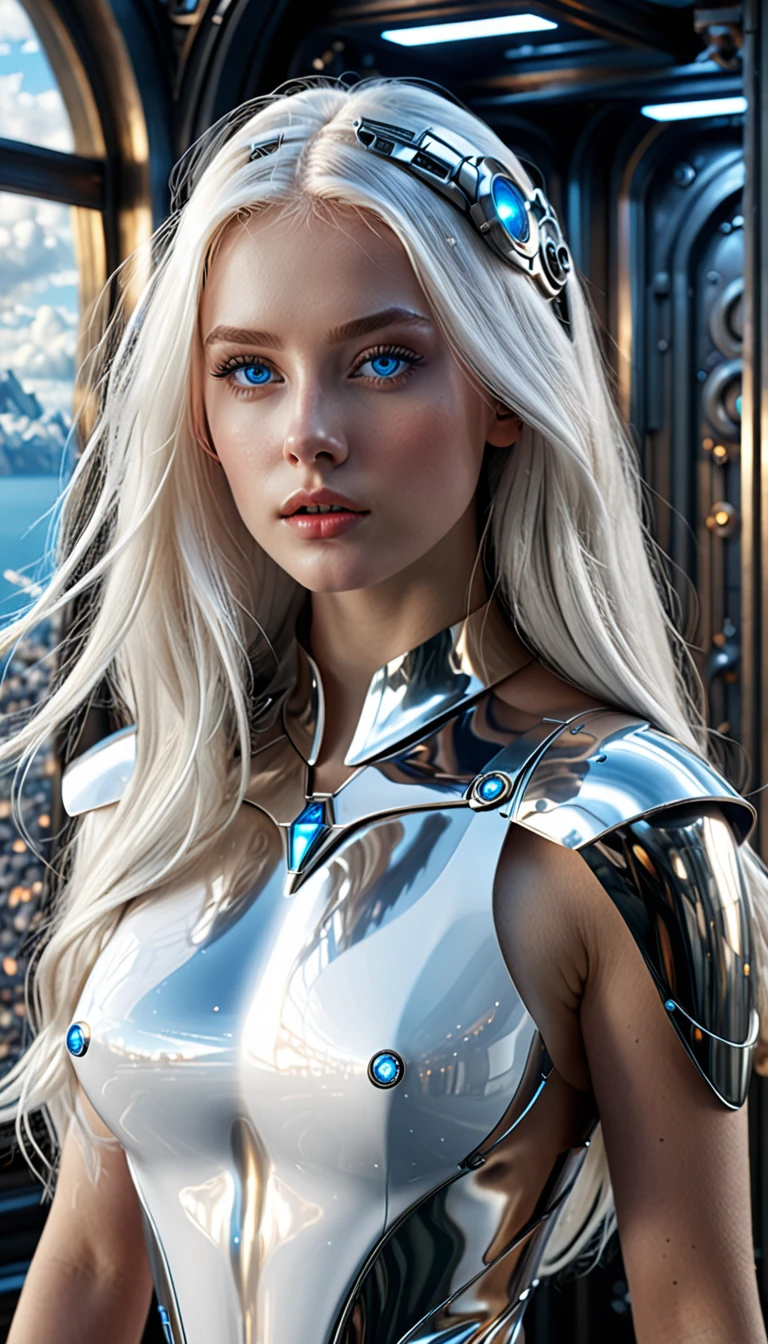 Surrealism, mysterious, bizarre, fantastic, fantasy, science fiction, the time machine that devours darkness, the macrocosm of the celestial world and the microcosm of the terrestrial world correspond, a memo on fantastic style architecture, beautiful young Nordic girl, Blue eyes, Huge chest, long Platinum hair,white minisuit, perfect bulky body, detailed masterpiece Cinematic lighting with sharp focus and hyper-realistic