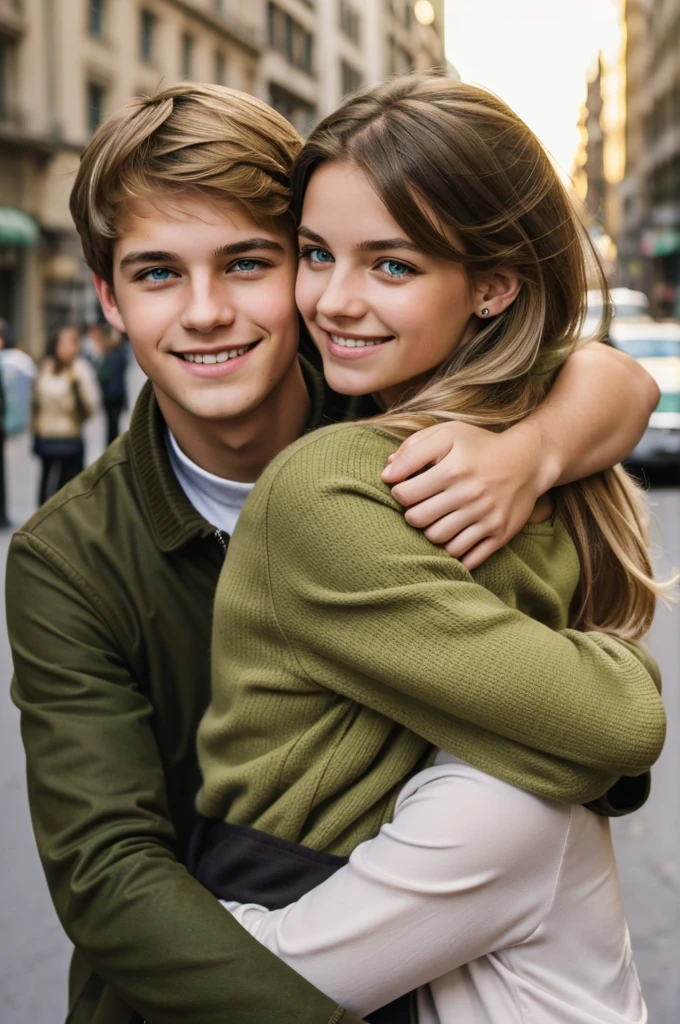 girl with dark brown hair and olive green eyes hugging a boy with blonde hair and green eyes. The girl is next to him in the city and they are both smiling.