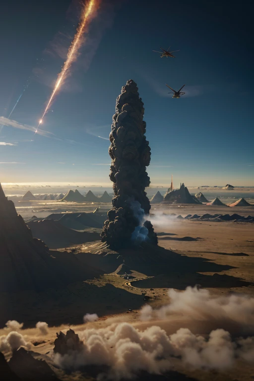 Photorealistic ground to sky eye view of a warworld alien invasion planet featuring flaming colossal dragons soaring across the sky in a fierce clash with the sci-fi African army's dragon riders, saddled on colossal dragons flying with majestic wings as they attack each other, realistic dynamic lighting blends seemlessly with natural light 