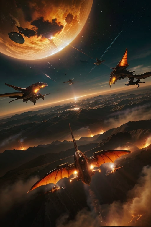 Photorealistic ground to sky eye view of a warworld alien invasion planet featuring flaming colossal dragons soaring across the sky in a fierce clash with the sci-fi African army's dragon riders, saddled on colossal dragons flying with majestic wings as they attack each other, realistic dynamic lighting blends seemlessly with natural light 