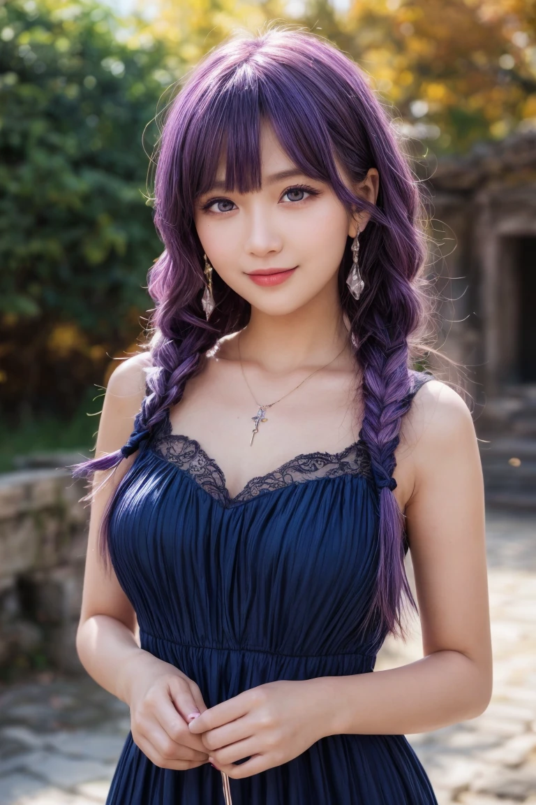 ((masterpiece)), ((best quality)), (ultra-detailed), ((kawaii)), cute, ((lovely)), ((extremely detailed)), (detailed face), (depth of fields), (detailed eye), (detailed facial features), (detailed clothes features), 4K, (8K), best quality, dynamic angle, (body shot), a pretty girl, 1 girl, solo, Japanese, (mystical ancient ruins, greek architecture, autumn), (beautiful navy blue dress:1.3), she wears a skimpy wizard dress, (beautiful purple hair:1.3), holding a wizard's wand, fishtail braid, beautiful blue eyes, ((beautiful eyes)), white teeth, earrings, bib necklace, smile, lens flare, shiny,