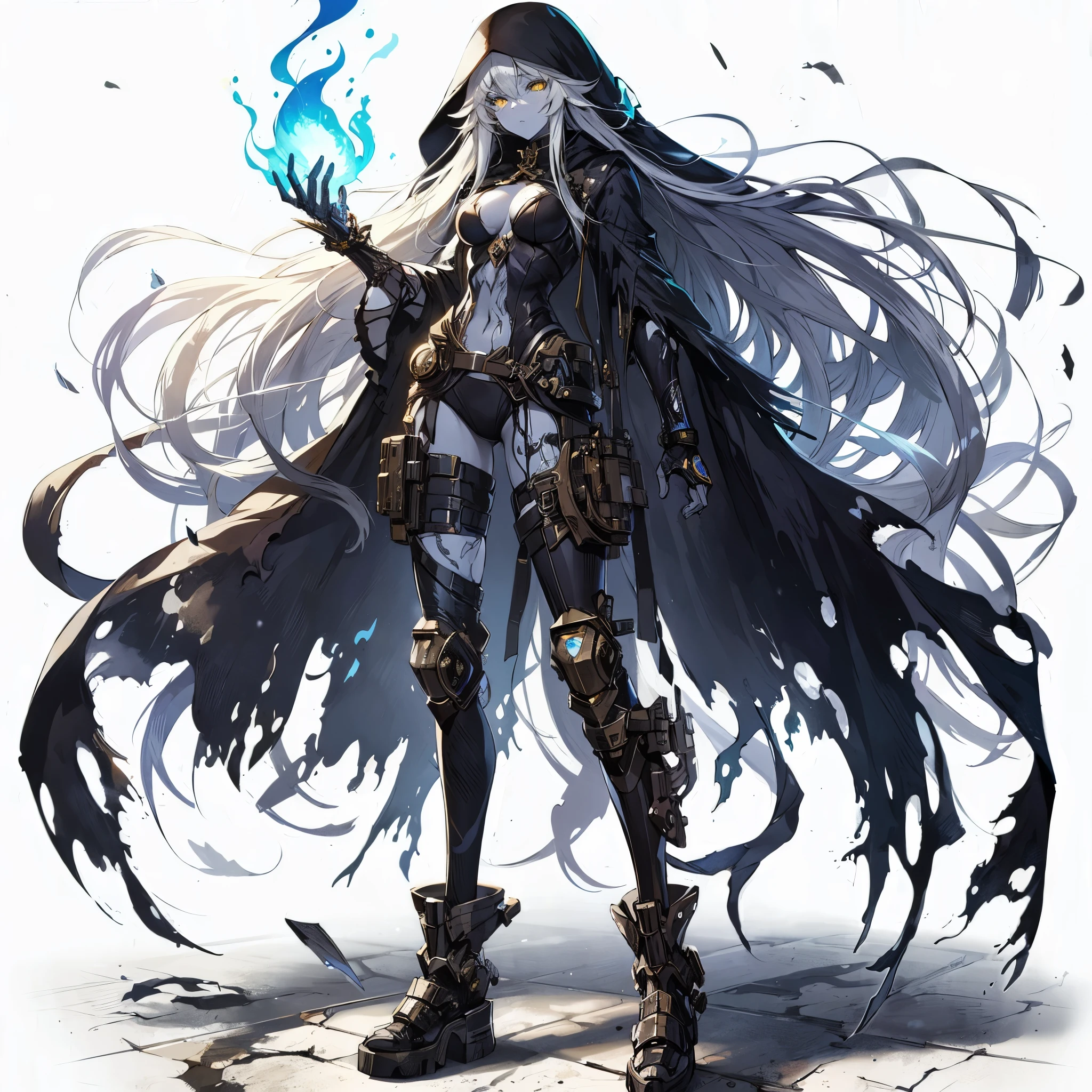 (Masterpiece, best quality), (detailed hair), ultra-detailed, anime style, solo, full body, Cyberpunk dark elf nun, long ash hair, gold eyes, black skin, wearing ragged nun outfit, long boots, bulky gauntlet, blue flame aura, ultra-massive, tall stylish, Muscular body shape, White background, standing full length, whole body, standing on wasted earth,
