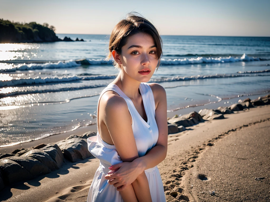 Realistic Photography, Beautiful Young Female ,Short hair ,beach