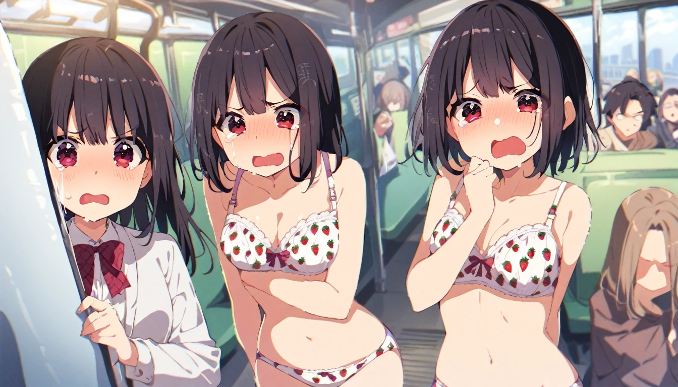 One girl with black bob hair、Panties with strawberry pattern、strawberry pattern bra、Sexual violence、Standing posture、train、Molester、Shyness、Crying face、resistance、fear