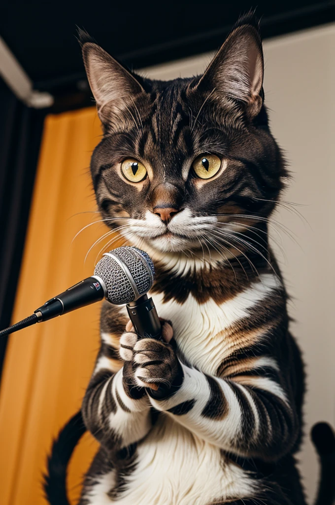 A cat holding a mic with the text name Yours FunCho