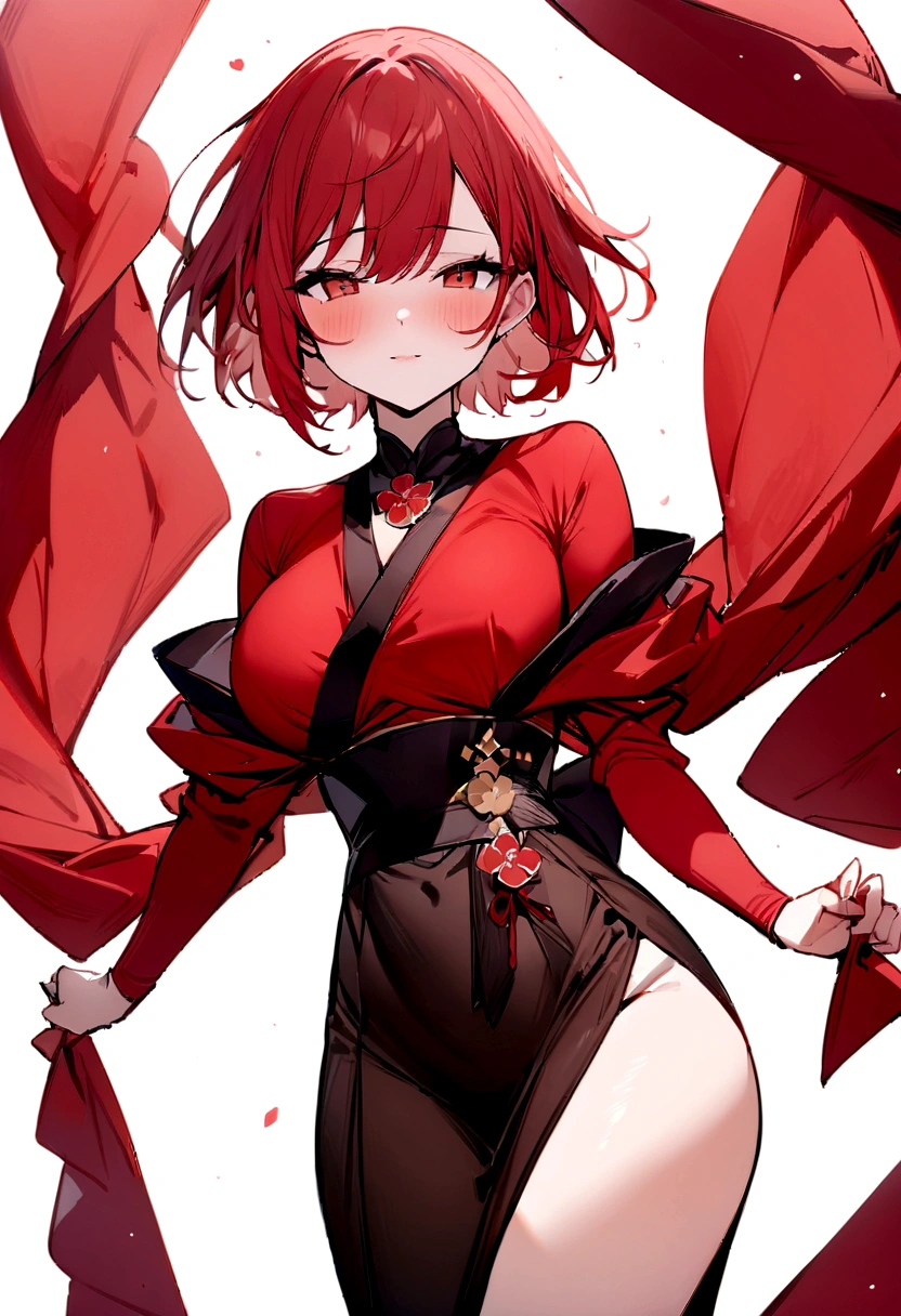 (masterpiece, best quality:1.2), 1girl, 独奏,Short bob with a front drop、Plum blossom、Plum family crest、Red kimono、Red Hair、Bob with a Falling Front、White background