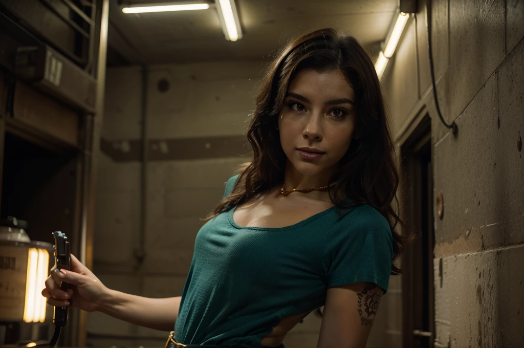 (masterpiece:1.2, best quality, ultra detailed, golden neon ratio, ultra realistic:1.3), Theatrical lighting:0.7, Photo of a retro-futuristic mercenary woman inspired by Revy from Black Lagoon by Rei Hiroe, dressed in retrofuturistic attire (Tops, T-Shirts, Tight Shirts, Tight Dresses:1.0), vibrant makeup, armory basement setting with a wall full of retro weapons, perfect rare face, highly detailed skin, curly long hair with some cute punk hair clips:1.0, Hide mouth with hands, inked tattoos, pale shiny skin, thin, large size, Sharp focus on rare face, perfect eyes:1.2, photorealistic, film grain, one foot forward, from below looking up, look at camera, Emphasize shoulders with holster, scabbard, tactical knife, Focus on face, stockings, Scarves, Collars, smile with raised mouth corners, disdainful expression, night lights, instagram style, backlit, outer space, retro tech, cyberpunk, Retrofuturism, 80's perm, foggy, misty, 80's house, muted warm colors, Theatrical portrait, vinyl dress, neon night lights, tilted:1.3, suburban retrofuturistic mercenaries, cautious, spotlight, volumetric dust clouds, key light, backlight, Ray Tracing, soft natural neon lighting, film grain ISO 400, 30 mm lens, RAW f1.8 aperture, analog photography, hdr colors