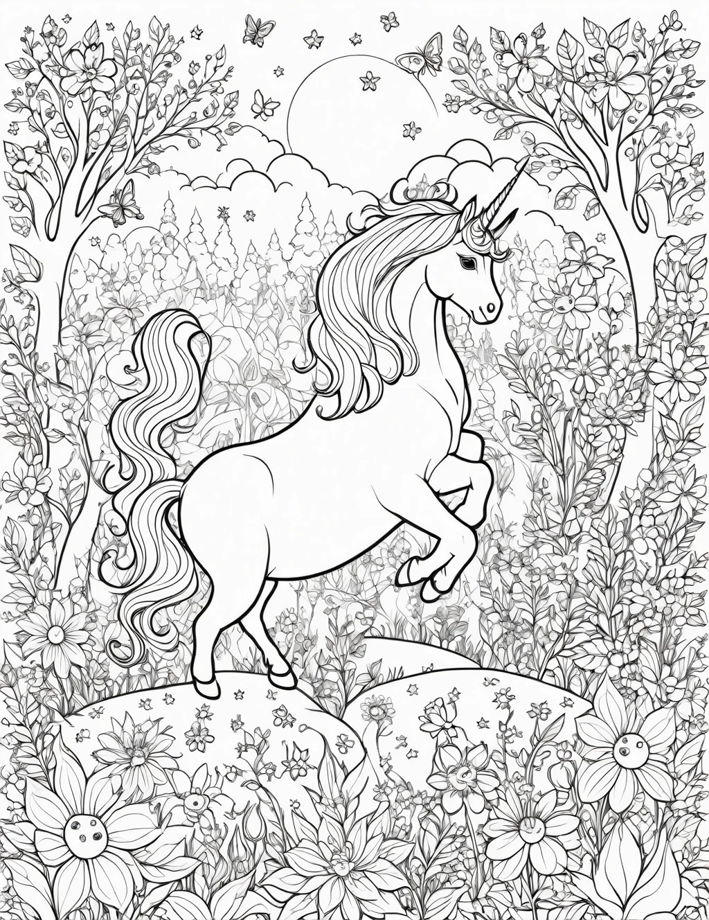 Enchanted forest clearing with unicorn, fairies, and magical flowers, detailed line drawing, black and white illustration, coloring book style, line art, black and white, intricate details, coloring book page, white background, detailed pen drawing, high contrast, clean lines, suitable for coloring, vector-like, easy to color, bold lines, black edges